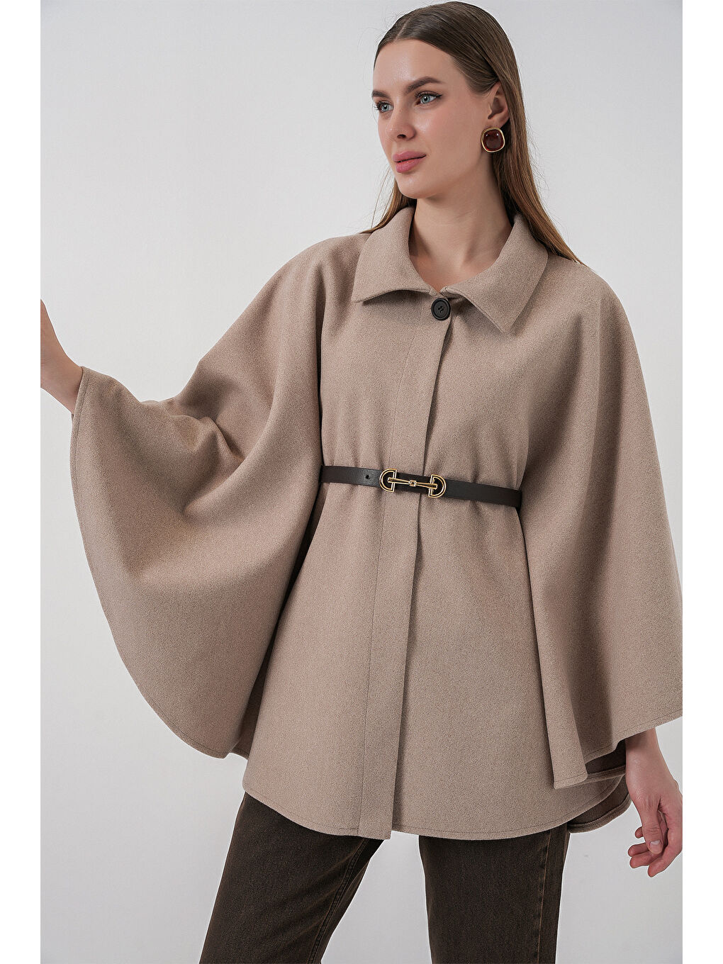 Bej Kadın Kemerli Kaşe Panço 9170 - Vizon