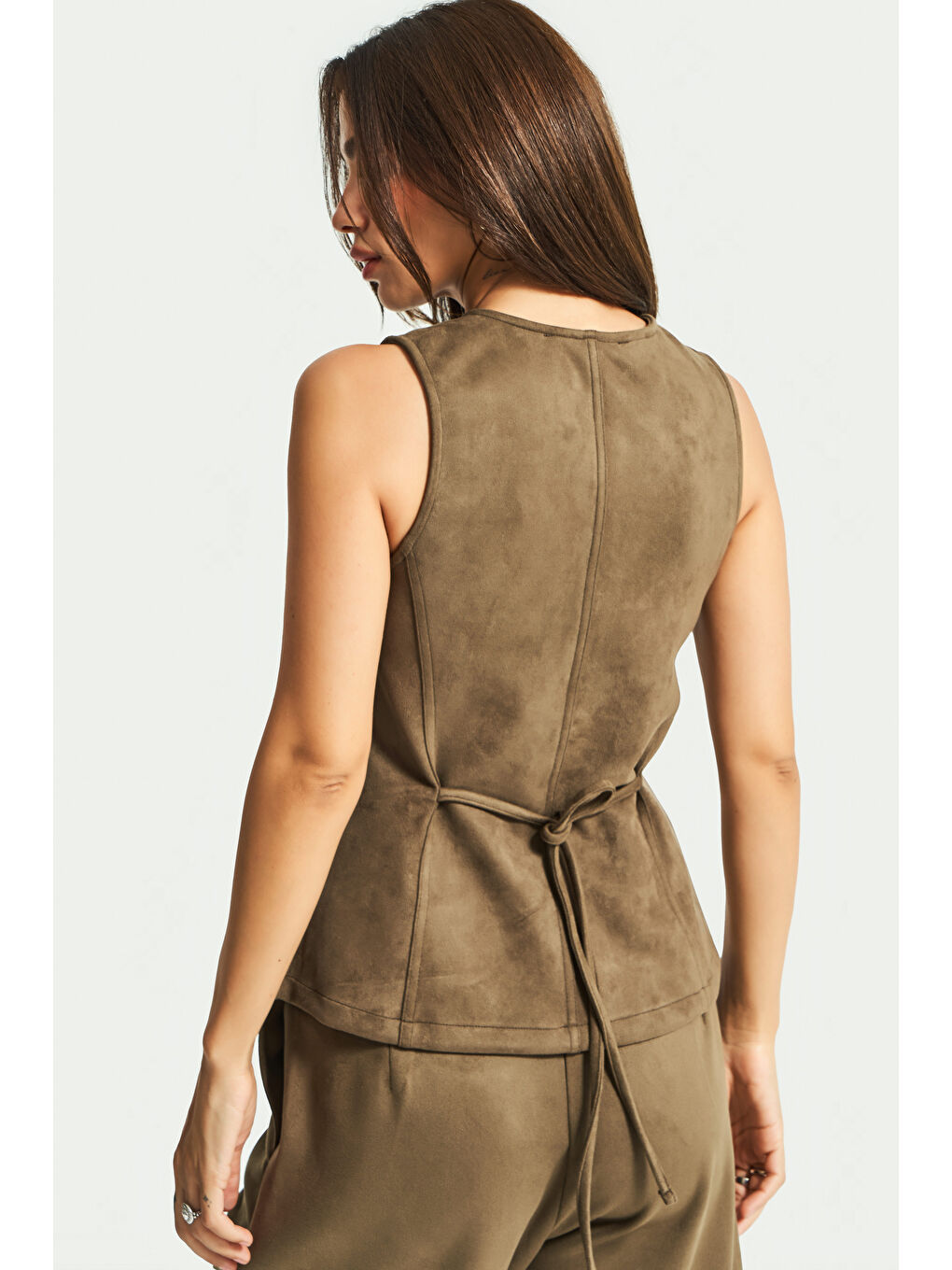 Kadın Haki Renk w5-15 Süper Esnek Yumuşak Süet Kumaş Önü Düğmeli Yelek-1