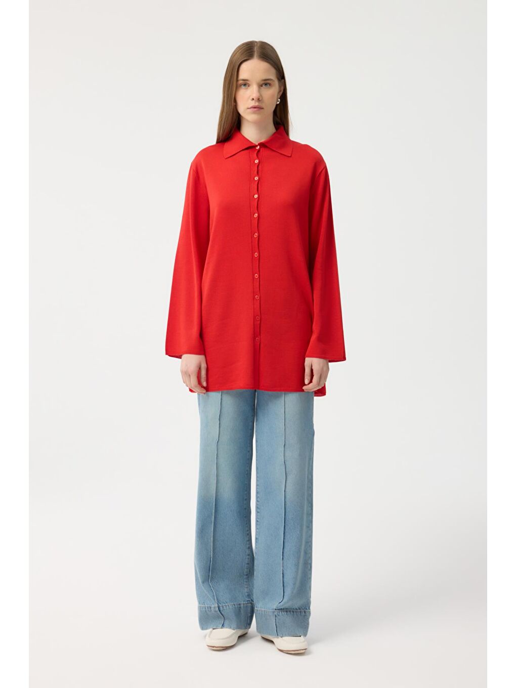 Kırmızı Düğmeli İnce Triko Hırka Nar Çiçeği-1