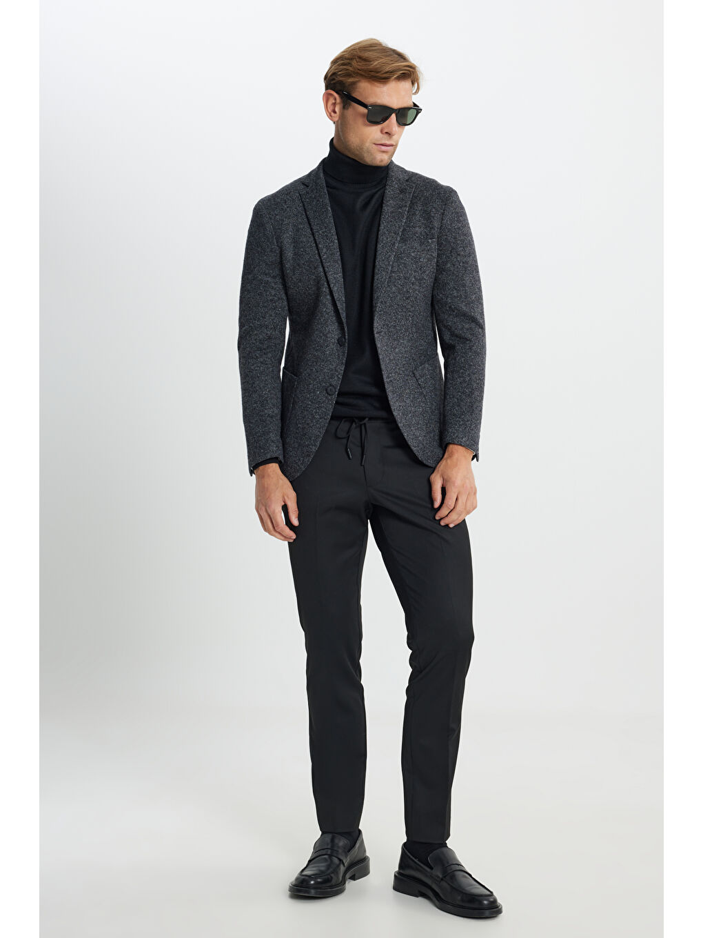 Erkek Siyah Slim Fit Dar Kesim Mono Yaka Yünlü Desenli Torba Cepli Ceket-1