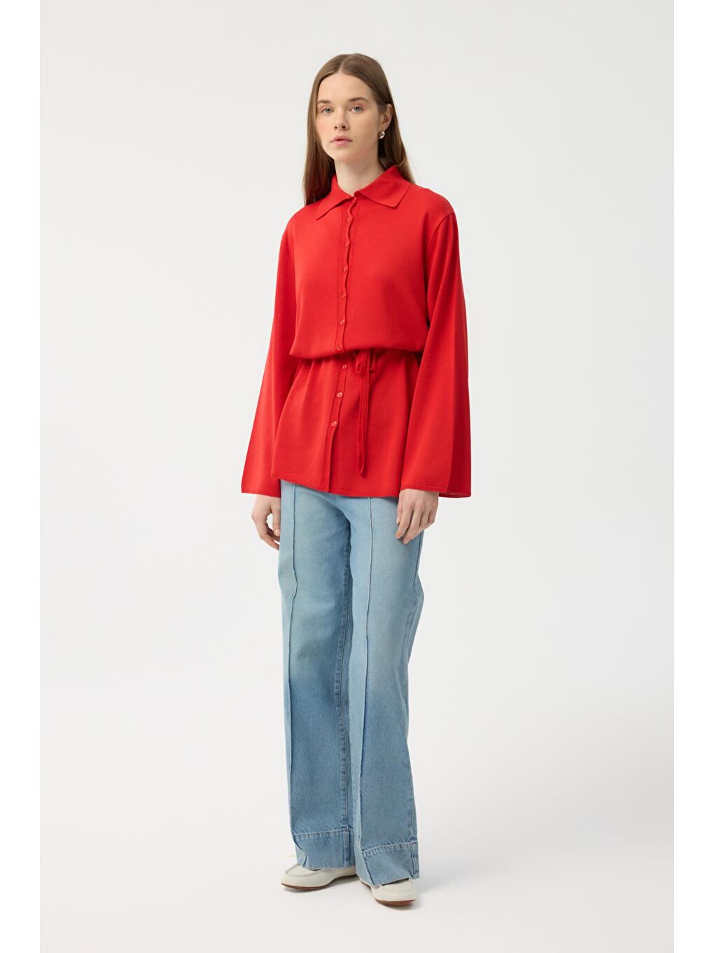 Kırmızı Düğmeli İnce Triko Hırka Nar Çiçeği-2