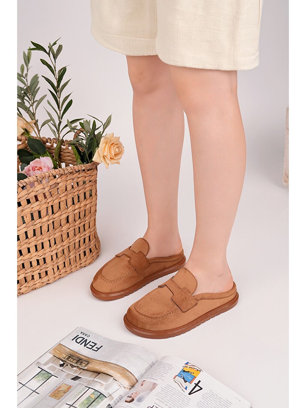 Kahverengi VİNTAGE Süet Deri Günlük Rahat Önü Kapalı Kadın Loafer Terlik-2