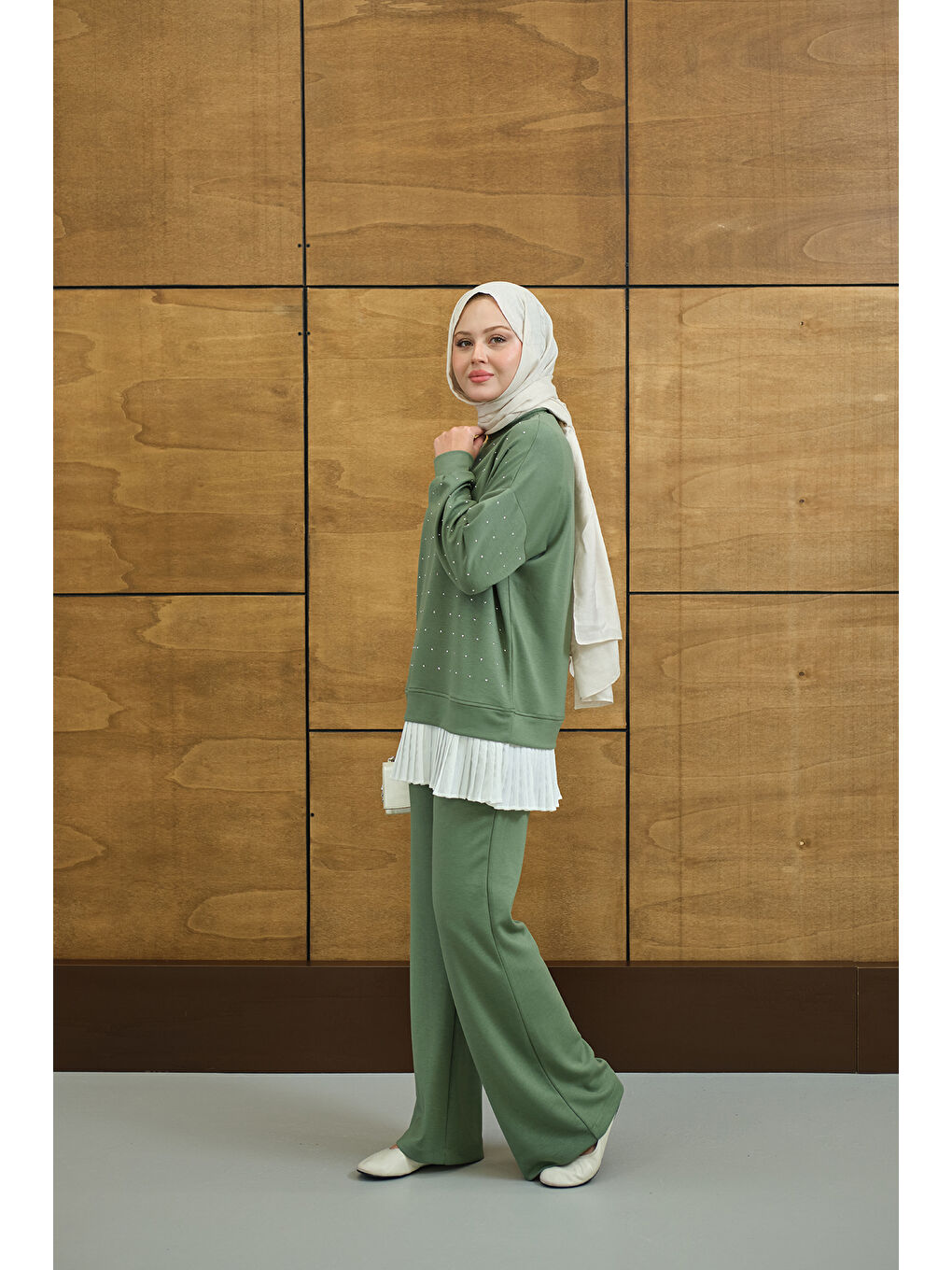 Kadın Beli Pileli Taşlı İkili Takım Yeşil-2