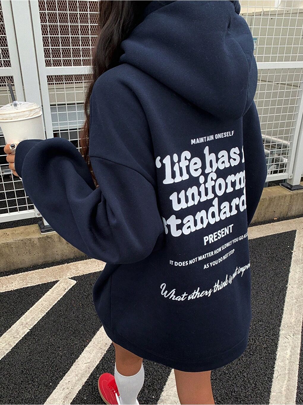 Trendseninle Kadın Lacivert Oversize Life Has Baskılı Kapüşonlu Sweatshirt Hoodie - 4