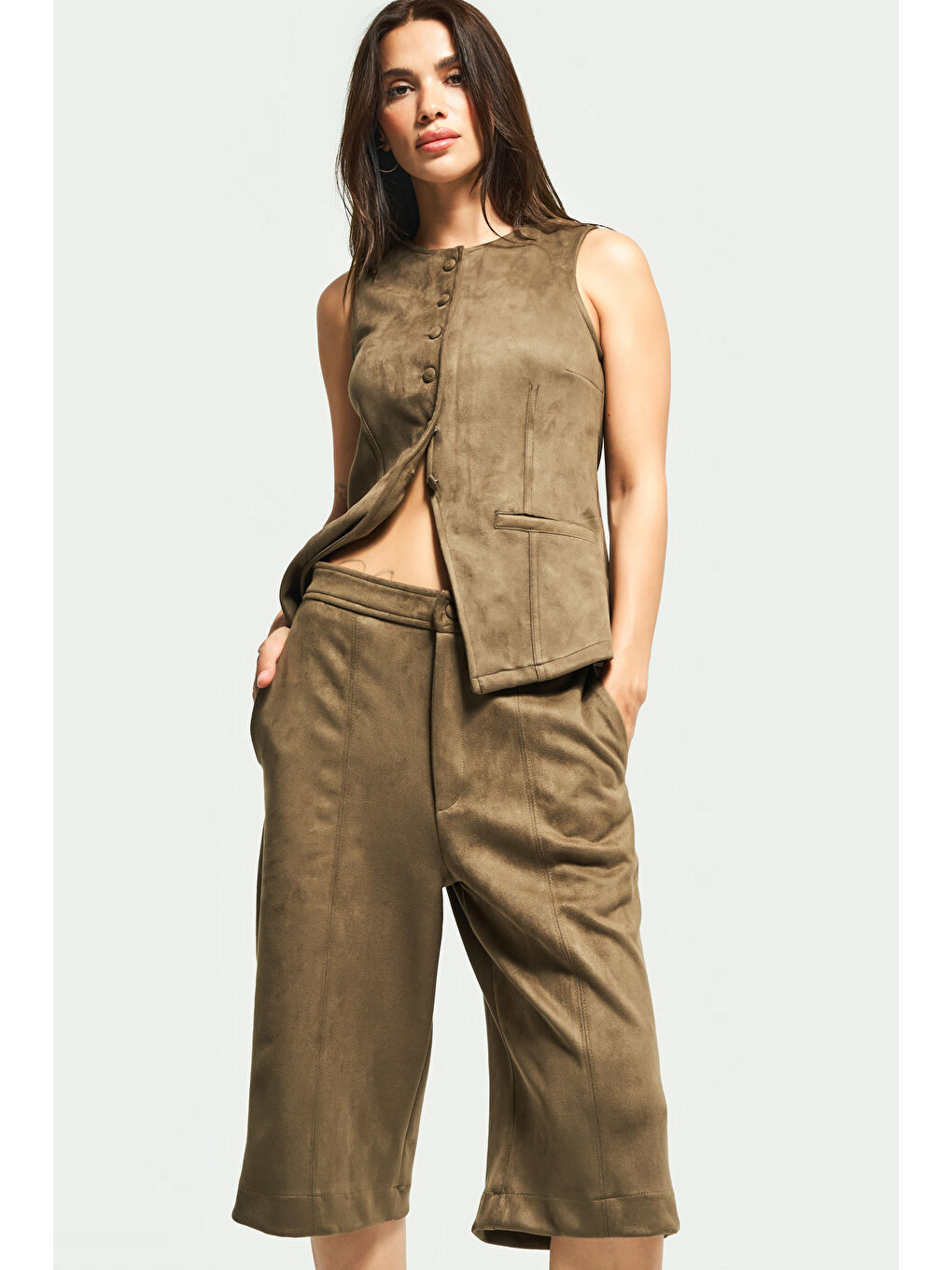 Kadın Haki Renk w5-15 Süper Esnek Yumuşak Süet Kumaş Önü Düğmeli Yelek-2