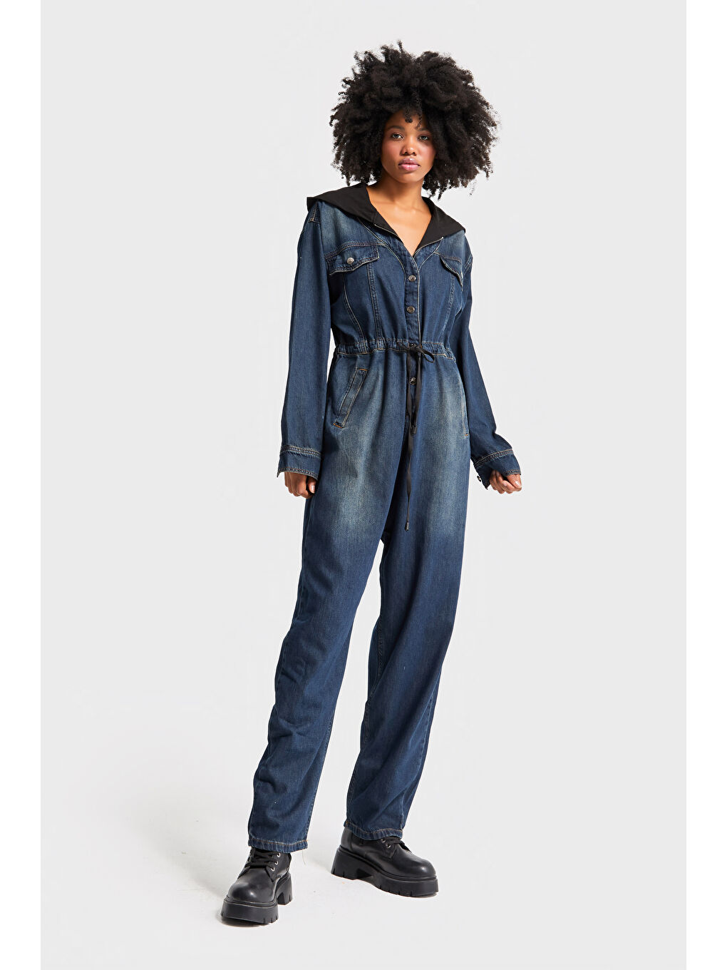 Mavi Kadın T.Kot Rengi Bol Kesim Kapüşonlu Özel Tasarım Denim Tulum-1