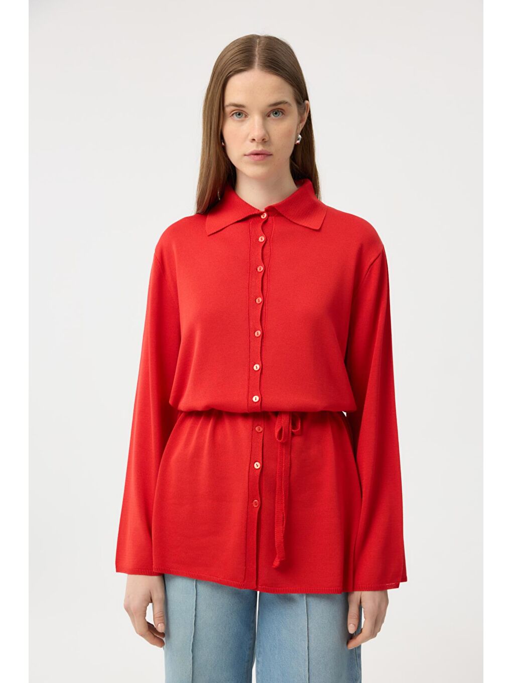 Kırmızı Düğmeli İnce Triko Hırka Nar Çiçeği-3