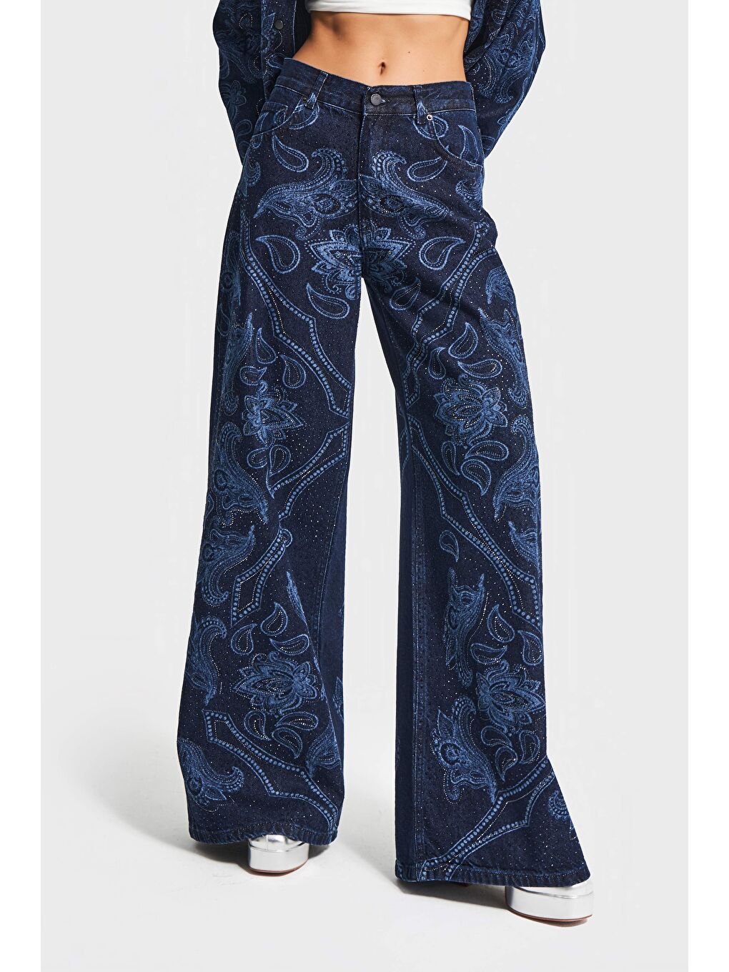 Kadın Koyu Mavi Renk 9w5-5 Palazzo Fit Parlak Taş Desenli Özel Tasarım Denim Jean
