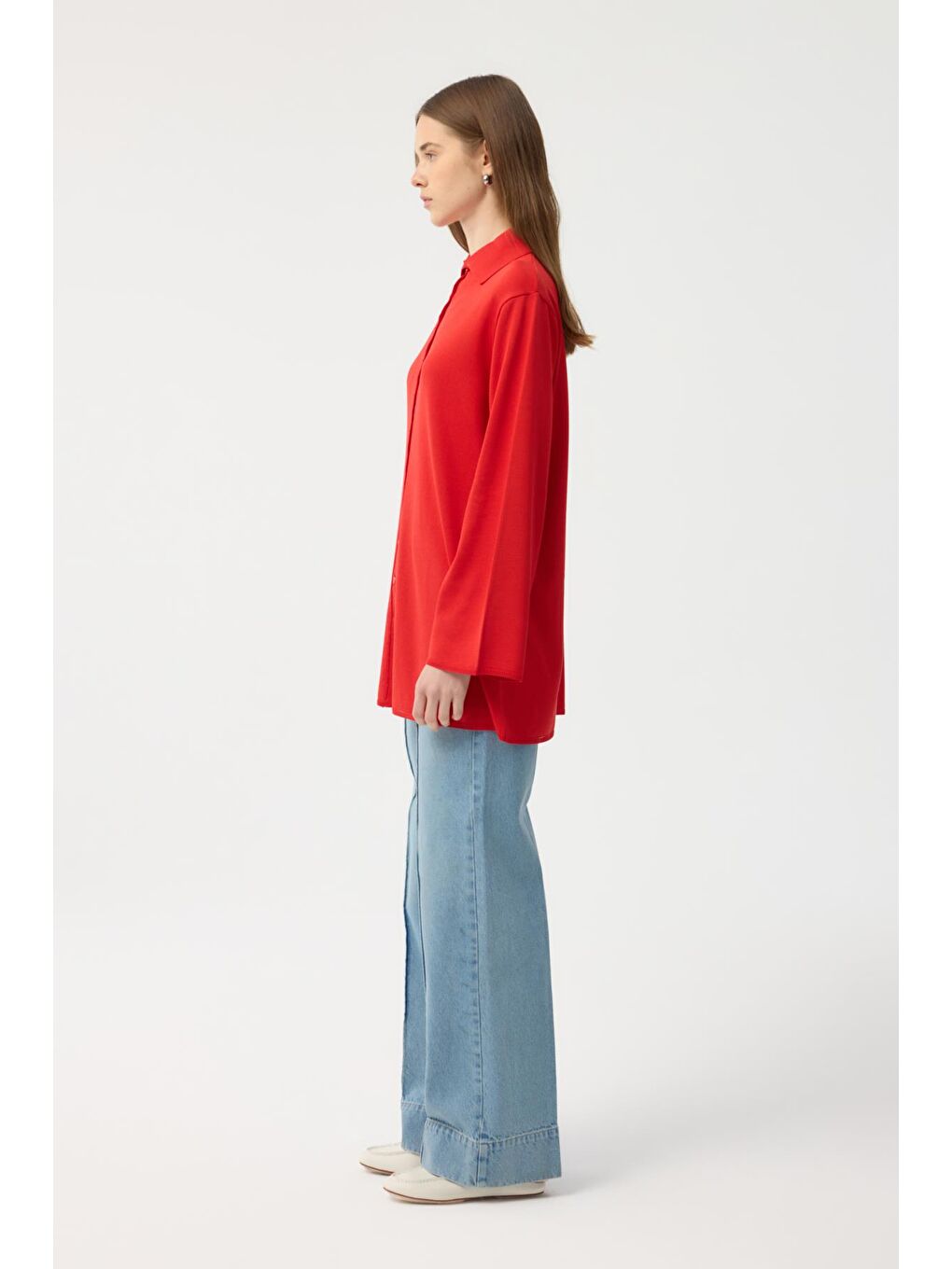 Kırmızı Düğmeli İnce Triko Hırka Nar Çiçeği-4