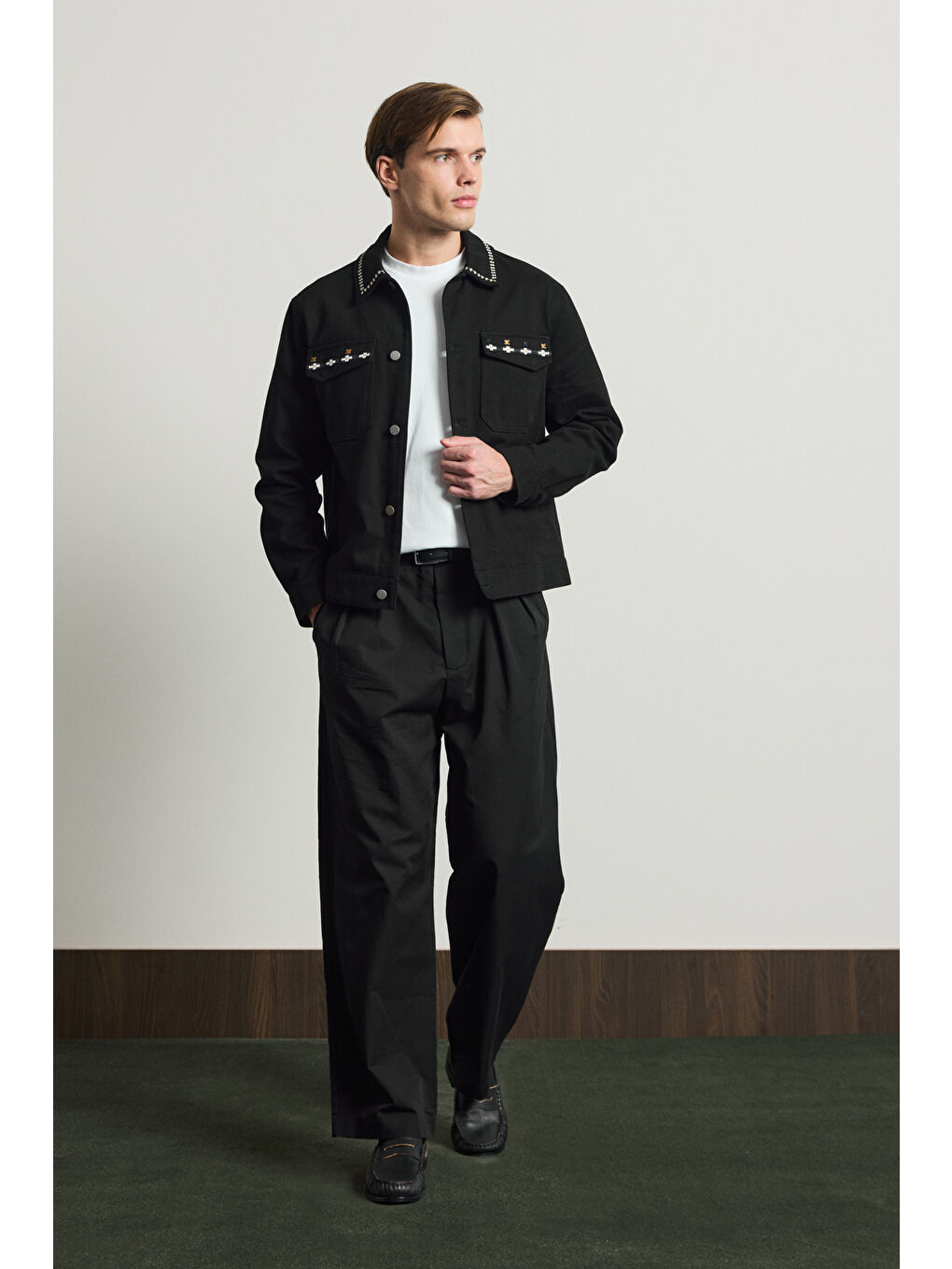 Erkek Nakışlı Denim Ceket Siyah-1