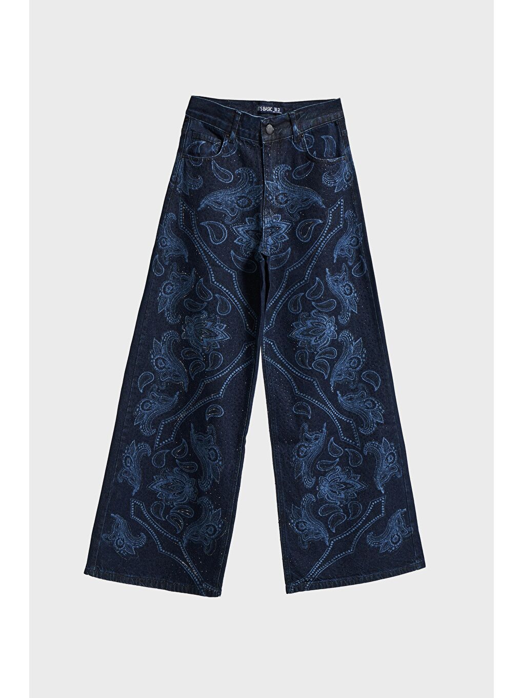 Kadın Koyu Mavi Renk 9w5-5 Palazzo Fit Parlak Taş Desenli Özel Tasarım Denim Jean-1