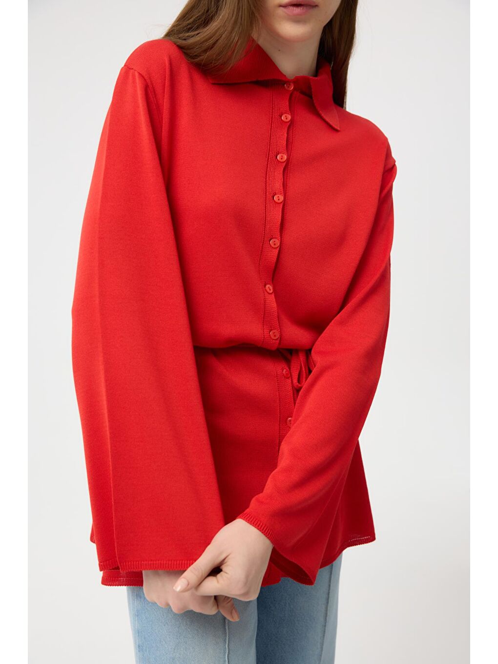 Kırmızı Düğmeli İnce Triko Hırka Nar Çiçeği-5