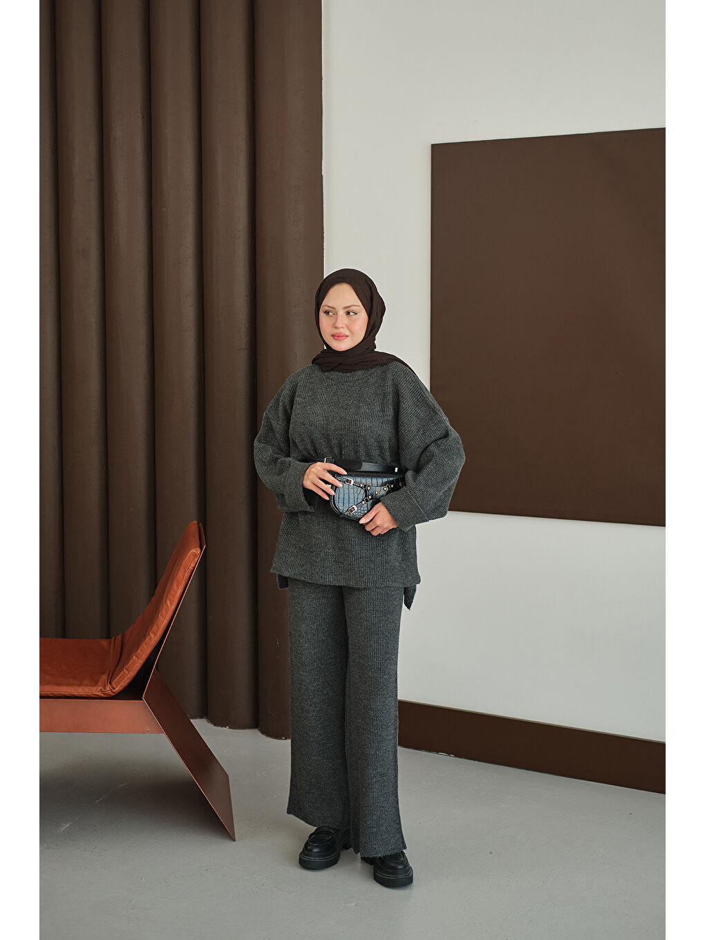 Kadın Beli Lastikli Triko Takım Antrasit-1