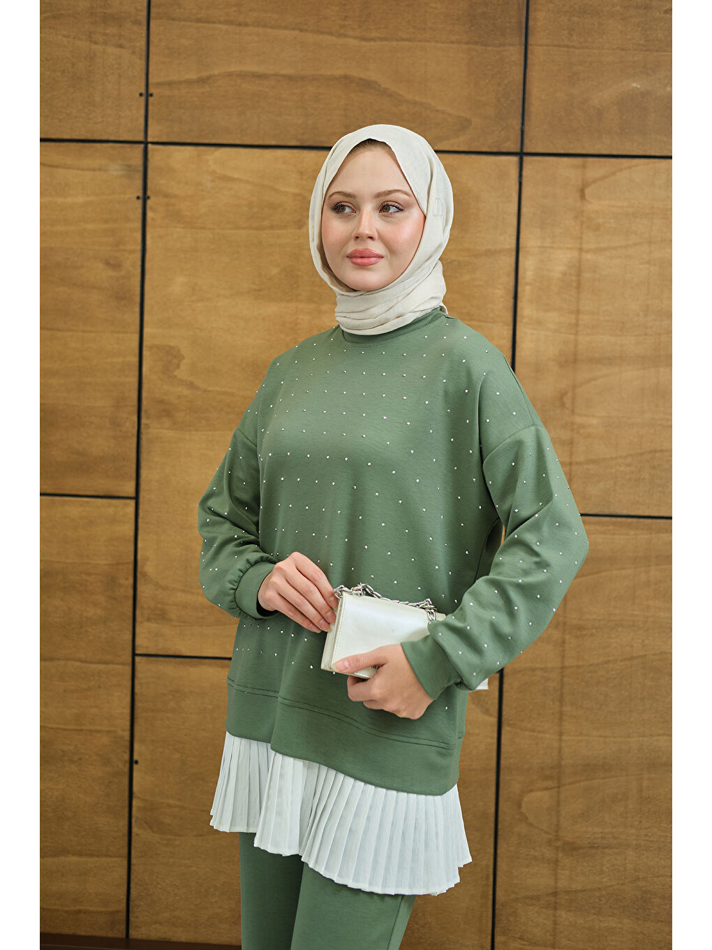Kadın Beli Pileli Taşlı İkili Takım Yeşil-4