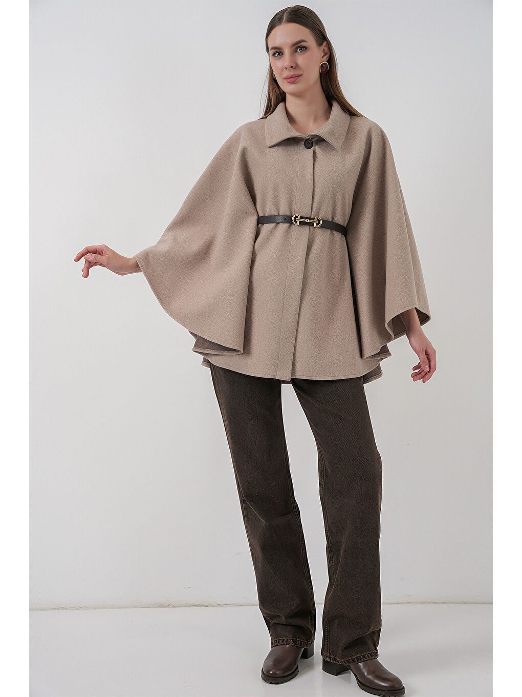 Bej Kadın Kemerli Kaşe Panço 9170 - Vizon-1