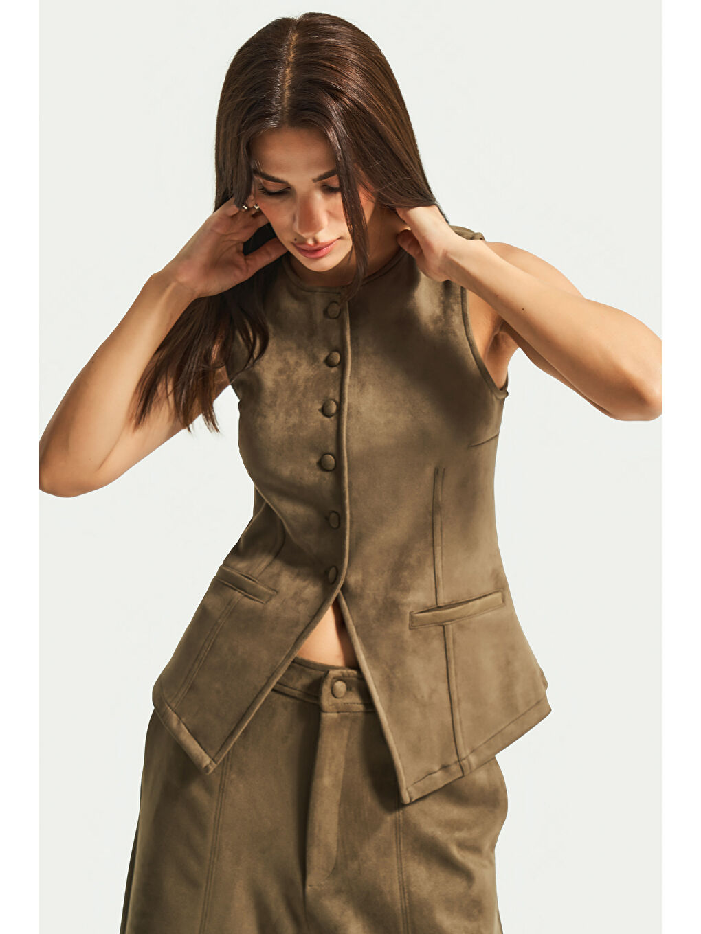 Kadın Haki Renk w5-15 Süper Esnek Yumuşak Süet Kumaş Önü Düğmeli Yelek-4