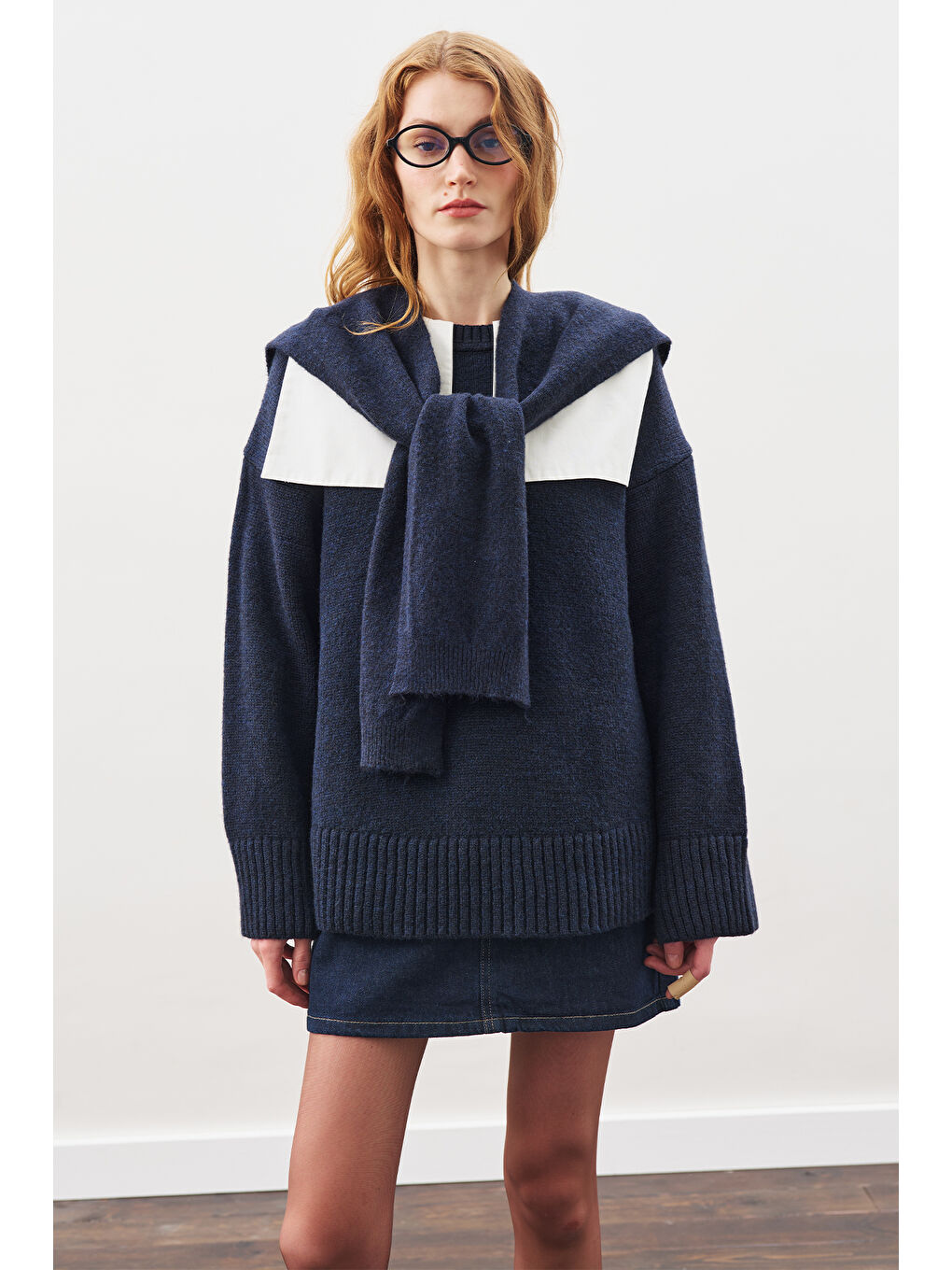 Kare Yaka Bağlamalı Triko Atkı Lacivert-5