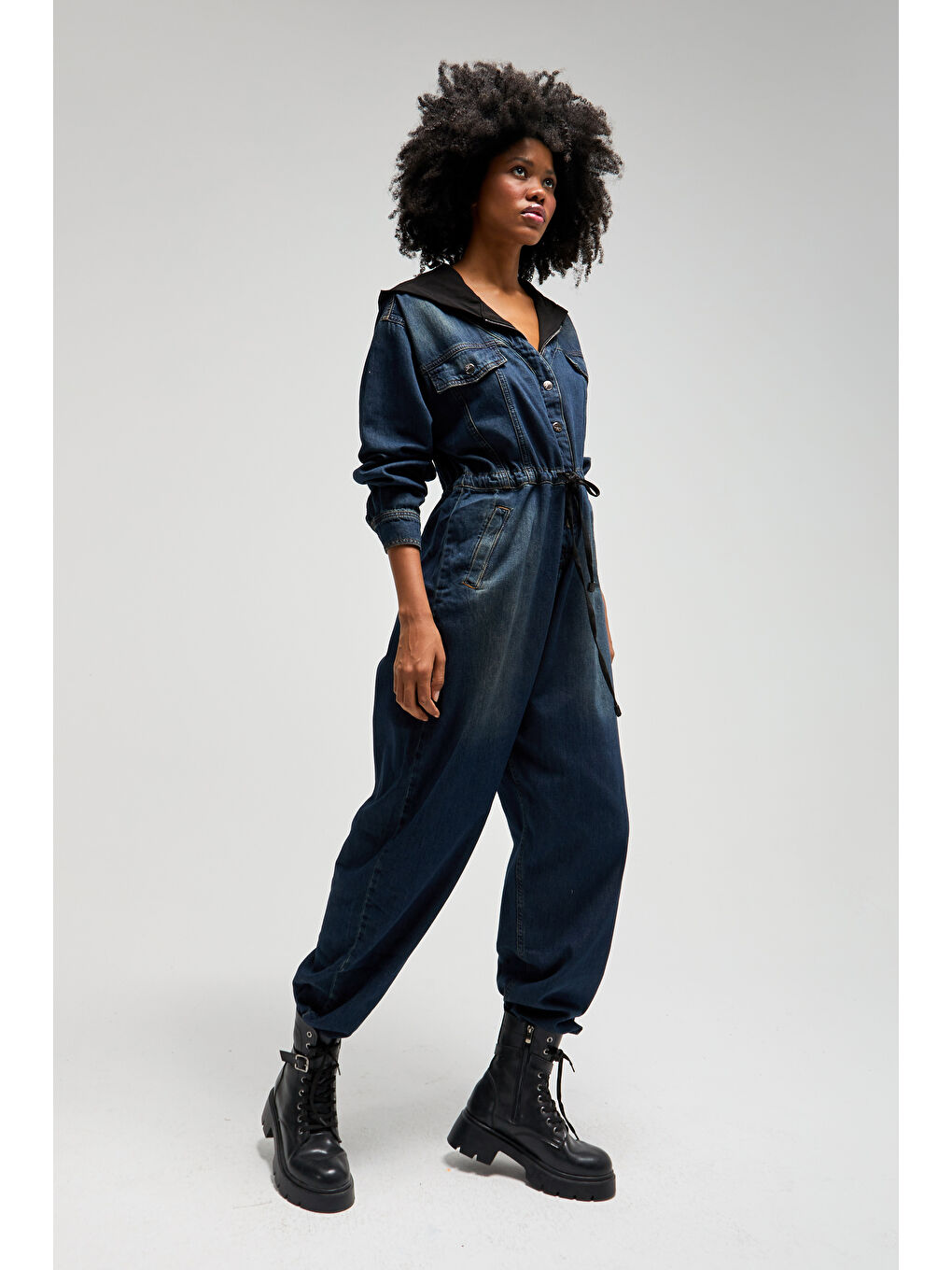 Mavi Kadın T.Kot Rengi Bol Kesim Kapüşonlu Özel Tasarım Denim Tulum-3