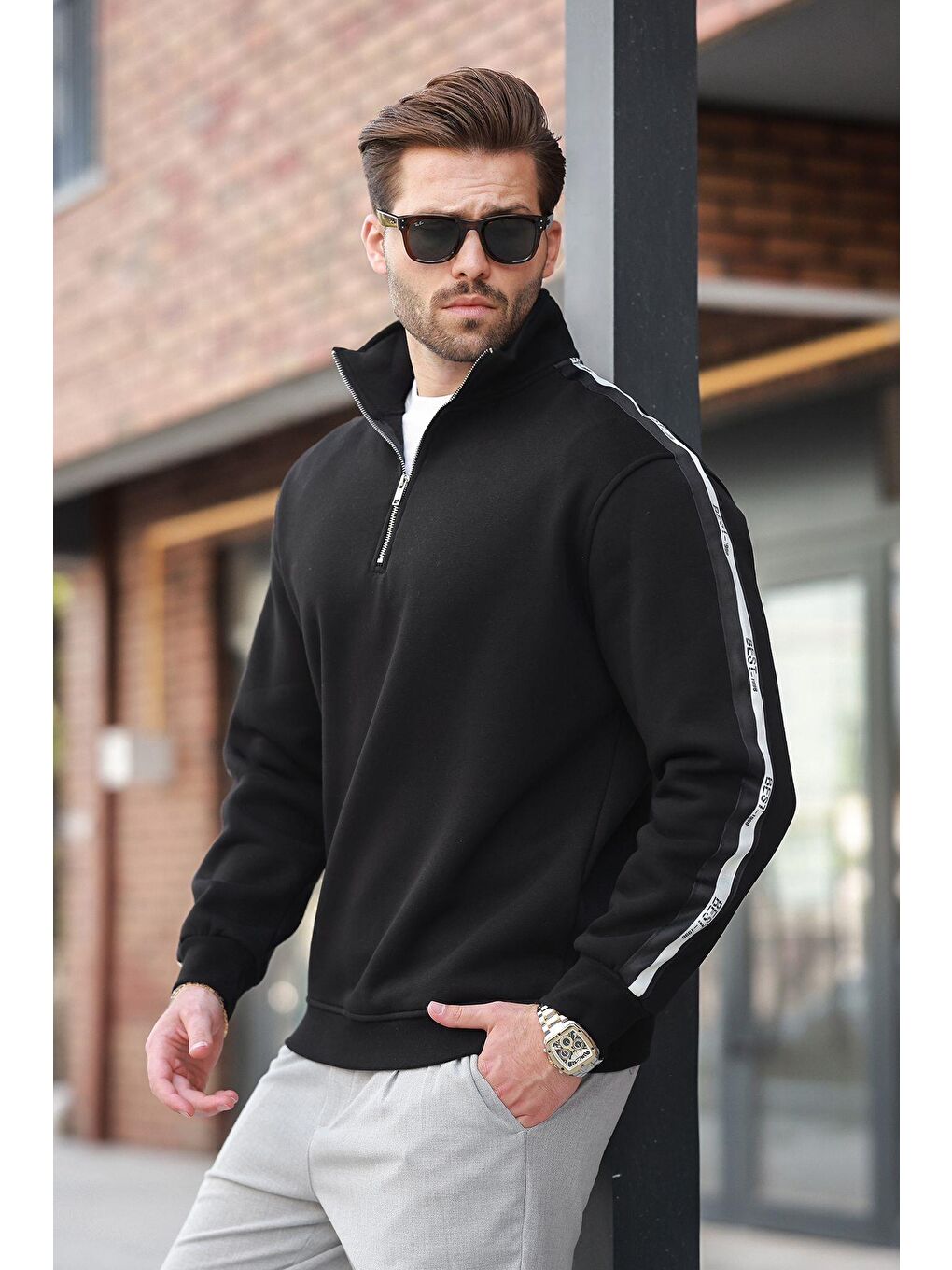 Siyah Fermuarlı Dik Yaka Erkek Sweatshirt E7164