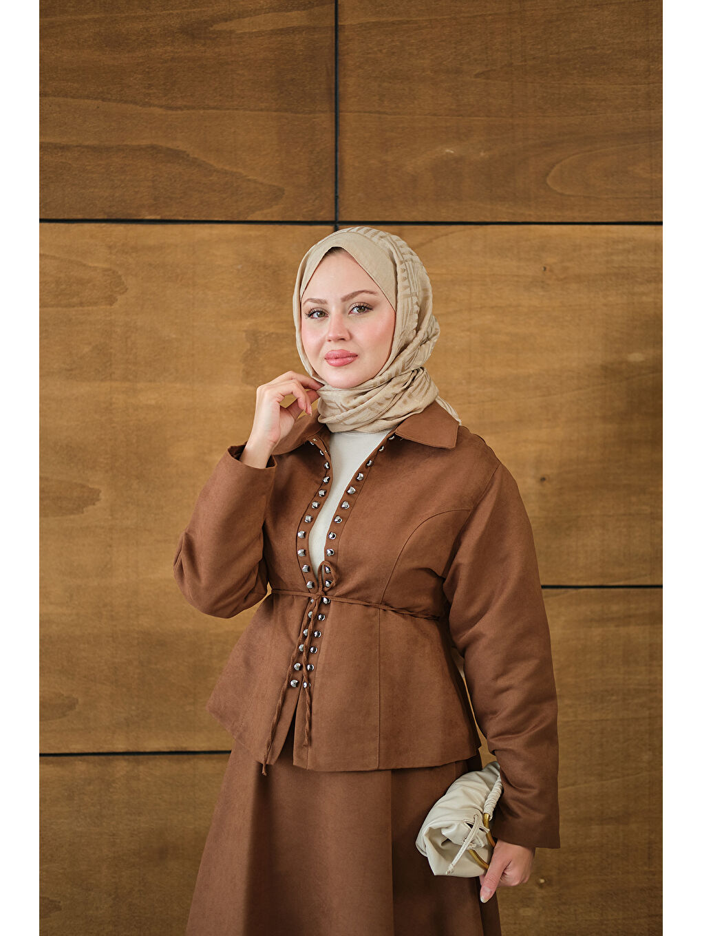 Kadın Bluz Kancalı Nubuk Takım Kahverengi-1