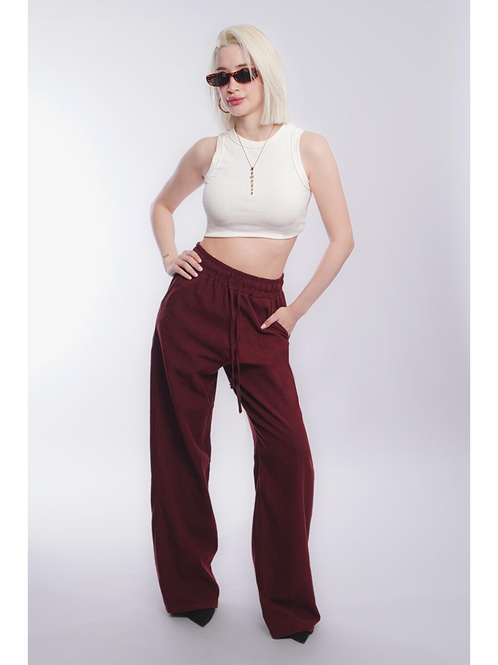 Bordo Beli Büzgülü Bol Paça Kadın Pantolon Mg2011-1