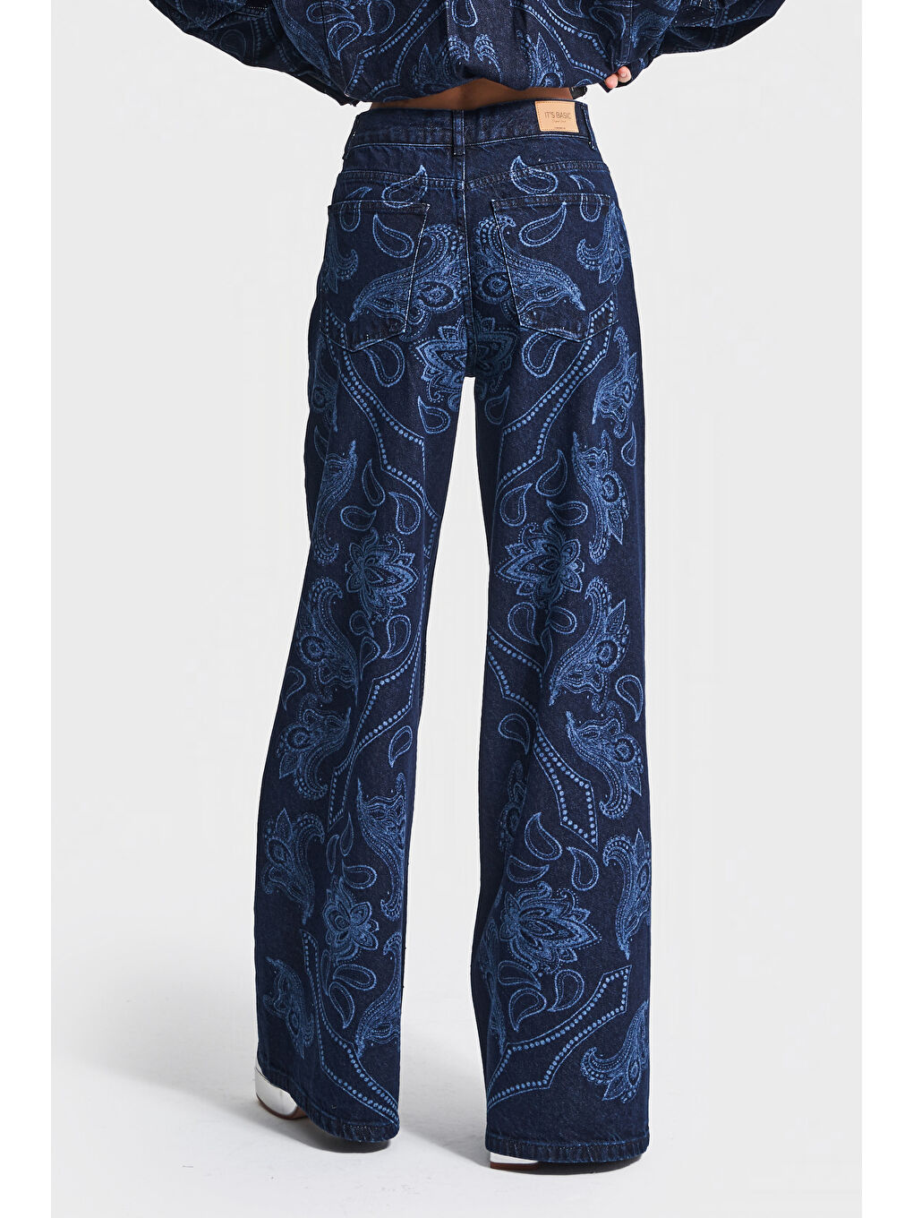 Kadın Koyu Mavi Renk 9w5-5 Palazzo Fit Parlak Taş Desenli Özel Tasarım Denim Jean-2