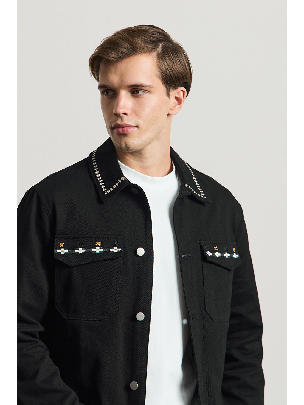 Erkek Nakışlı Denim Ceket Siyah-2