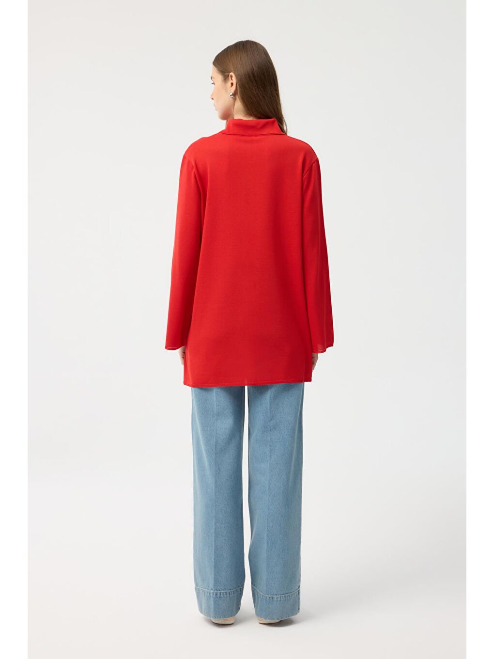 Kırmızı Düğmeli İnce Triko Hırka Nar Çiçeği-7