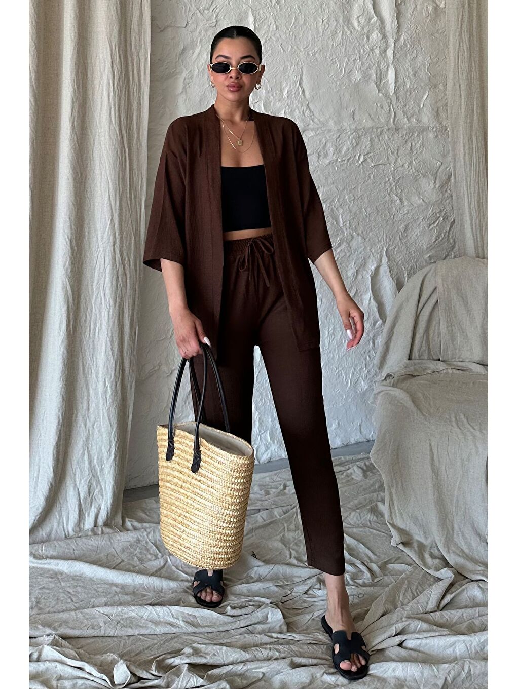 Kahverengi Kadın Kahve Kimono Alt Üst Havuç Pantolon Takım