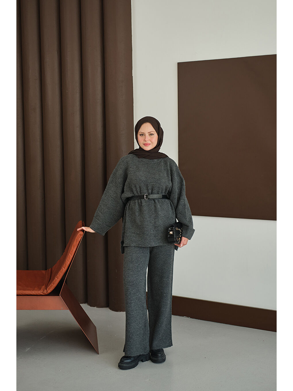 Kadın Beli Lastikli Triko Takım Antrasit-2