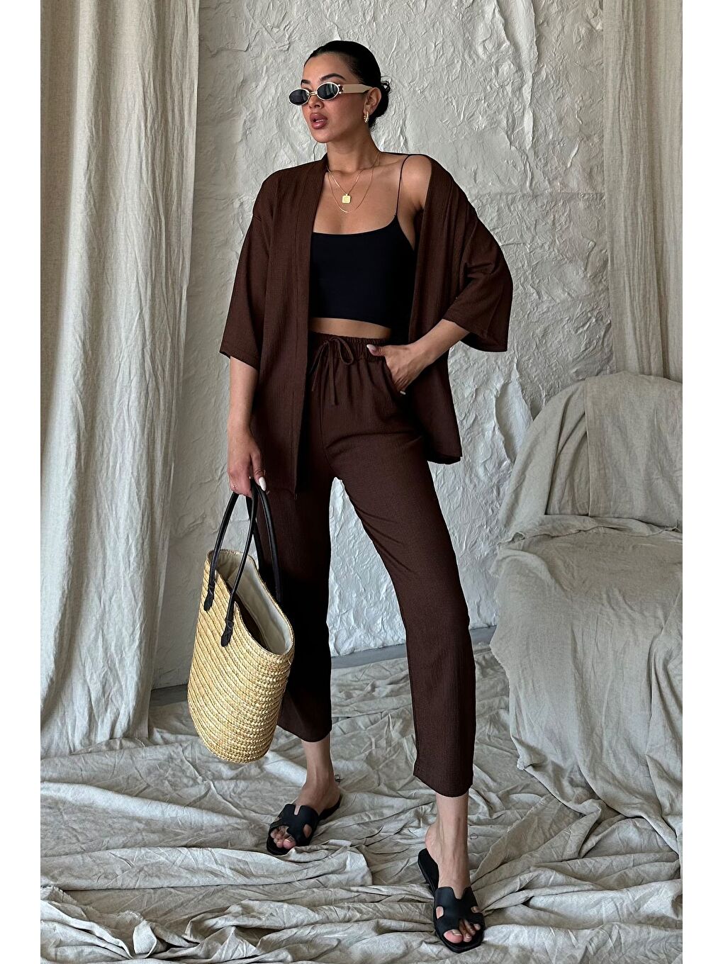 Kahverengi Kadın Kahve Kimono Alt Üst Havuç Pantolon Takım-1