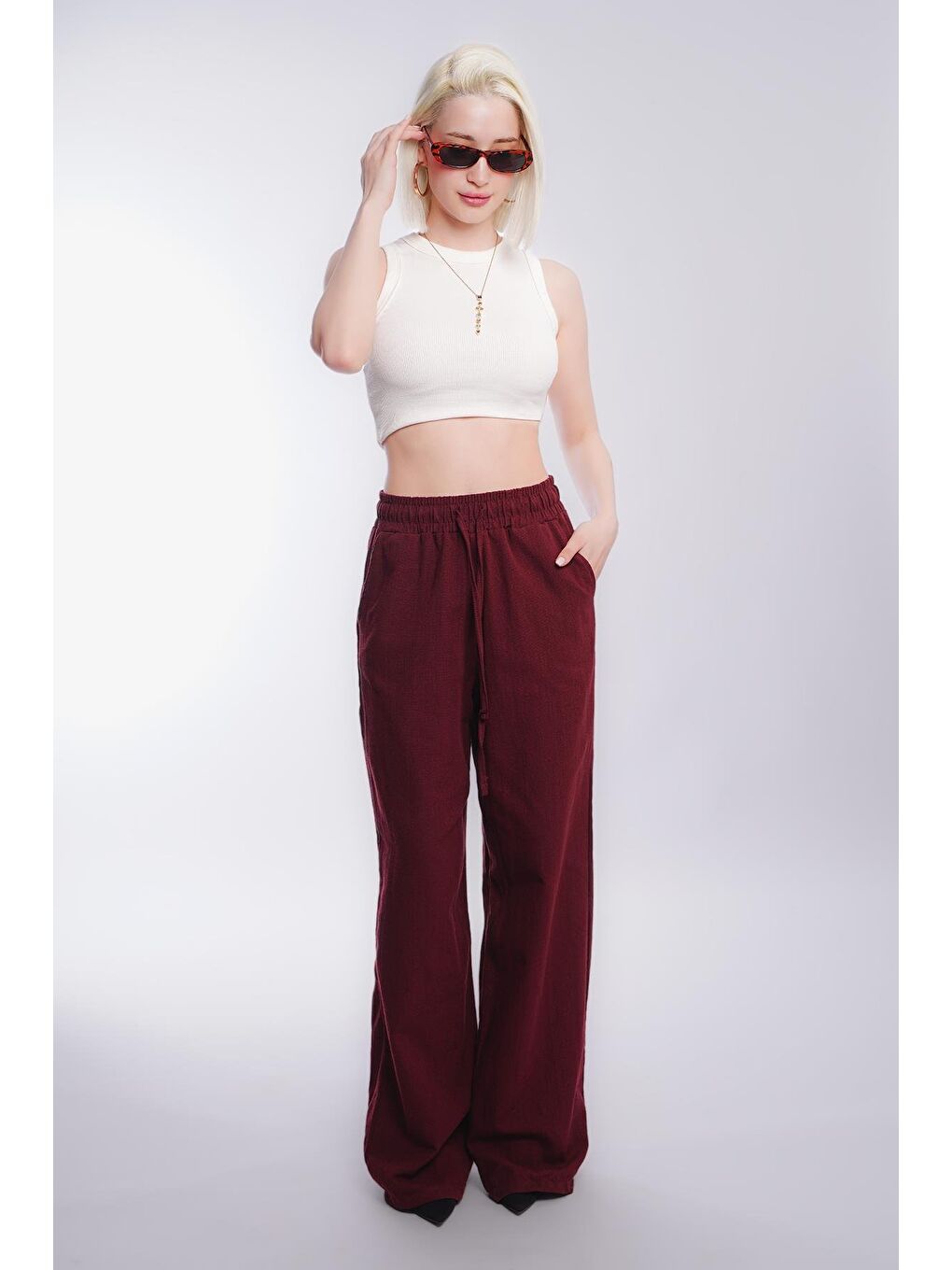 Bordo Beli Büzgülü Bol Paça Kadın Pantolon Mg2011-2