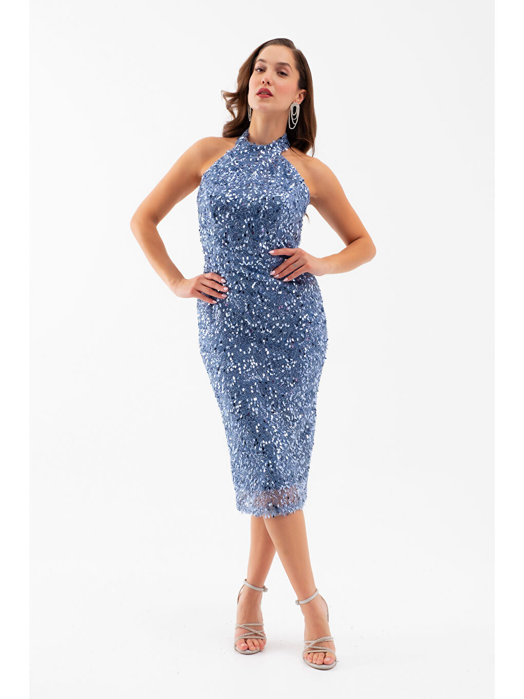 Kadın İndigo Yaka Taş Detay Midi Abiye Elbise-1