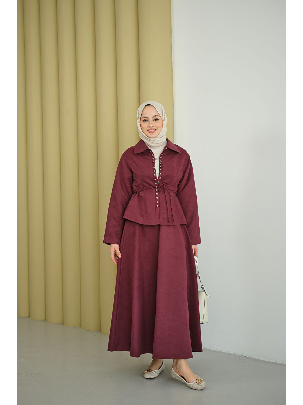 Kadın Bluz Kancalı Nubuk Takım Bordo