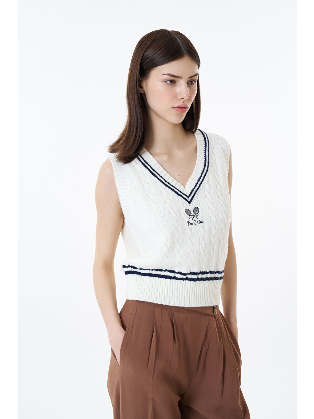 V Yaka Çizgili Triko Süveter Ekru-2