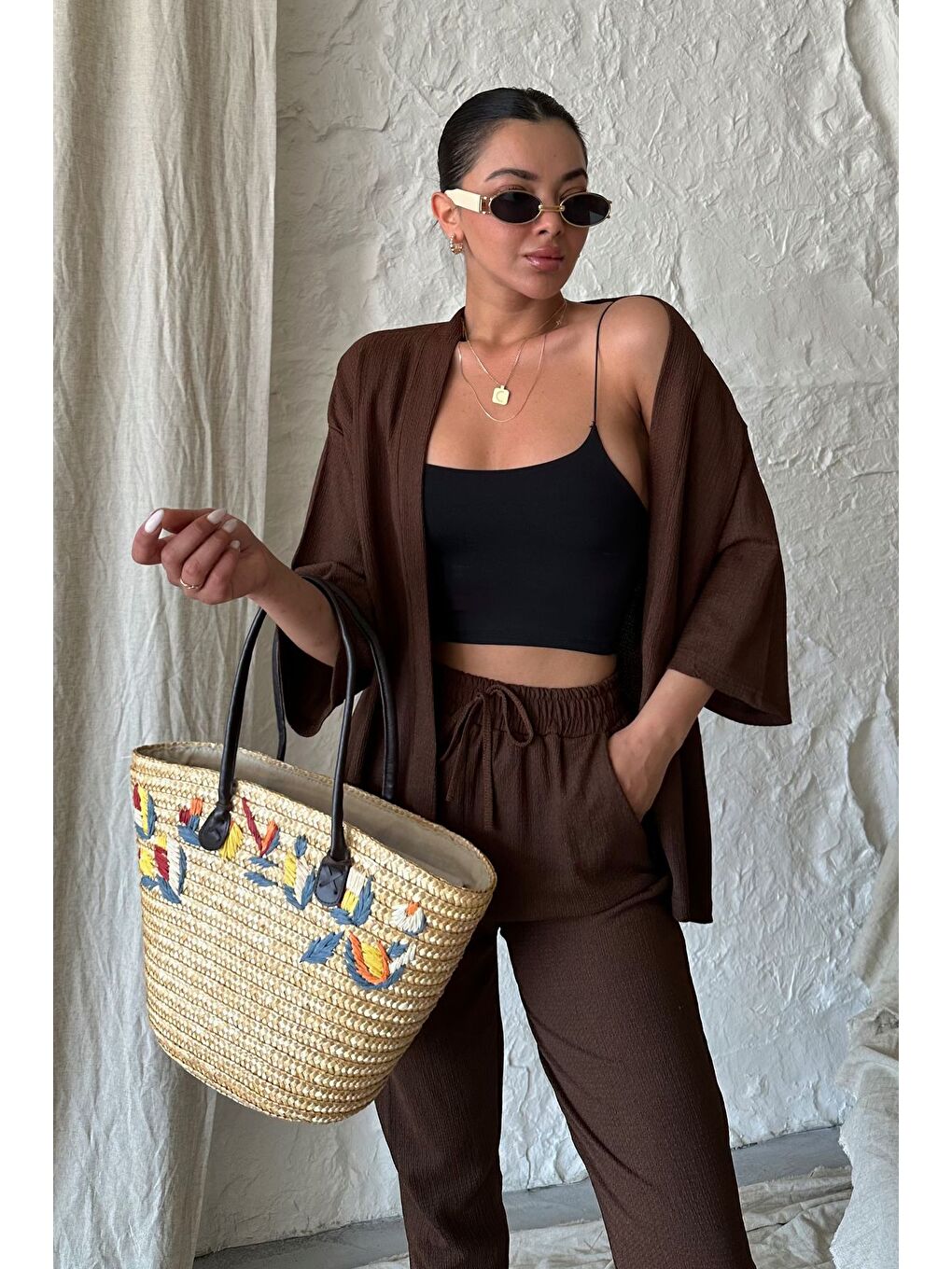 Kahverengi Kadın Kahve Kimono Alt Üst Havuç Pantolon Takım-2