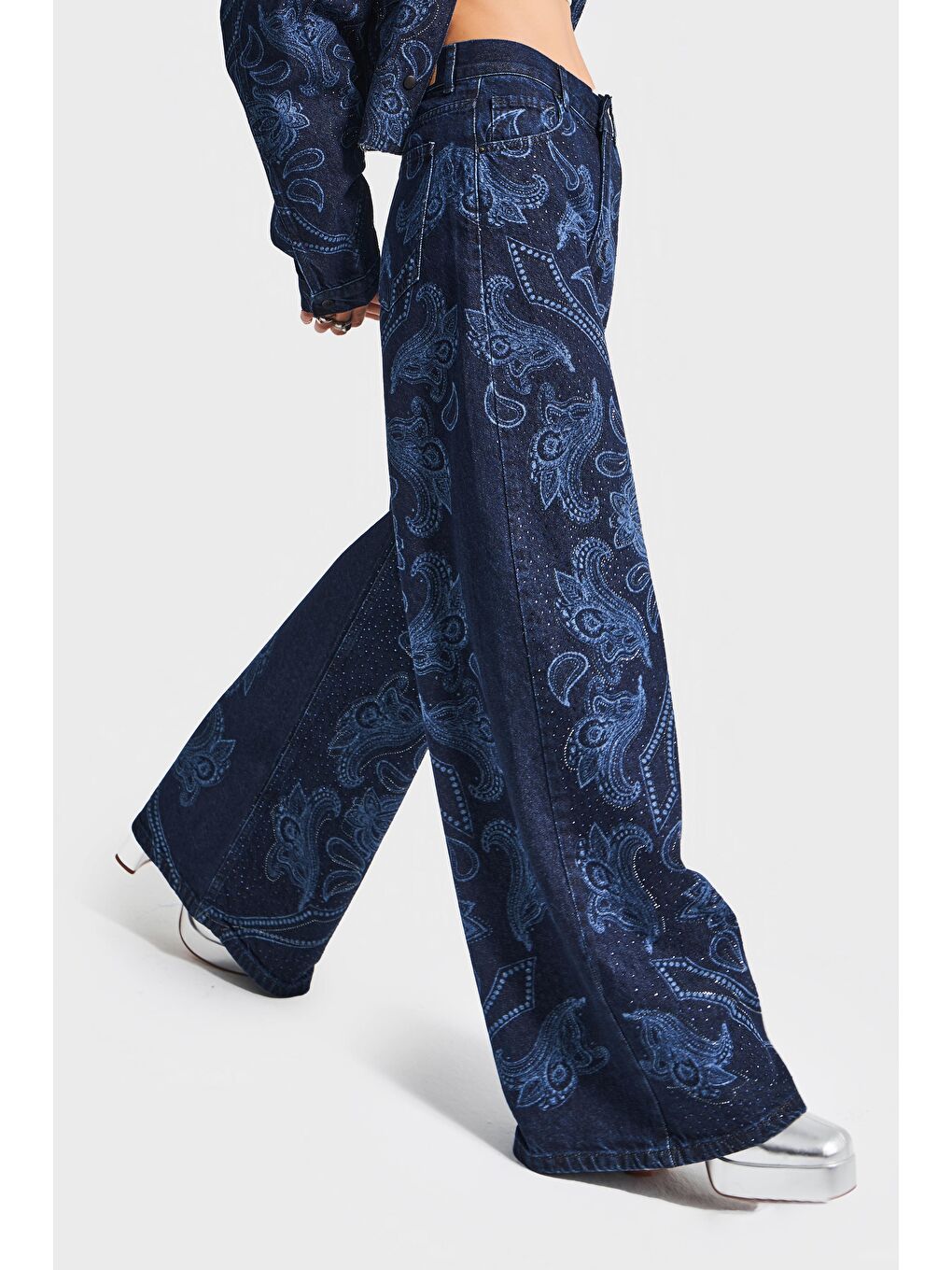 Kadın Koyu Mavi Renk 9w5-5 Palazzo Fit Parlak Taş Desenli Özel Tasarım Denim Jean-3