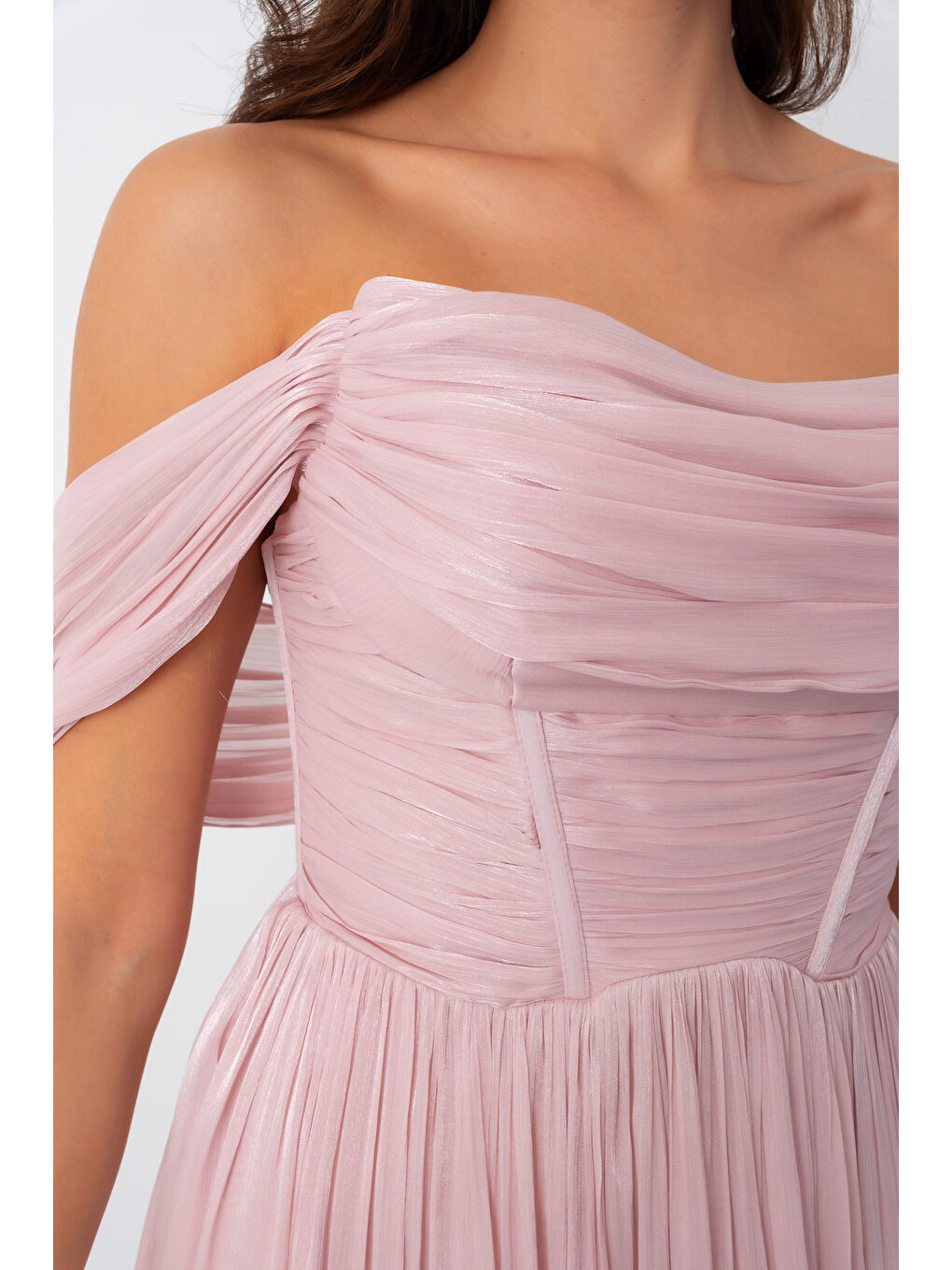 Pembe Kadın Pudra Kayık Yaka Uzun Abiye Elbise-4