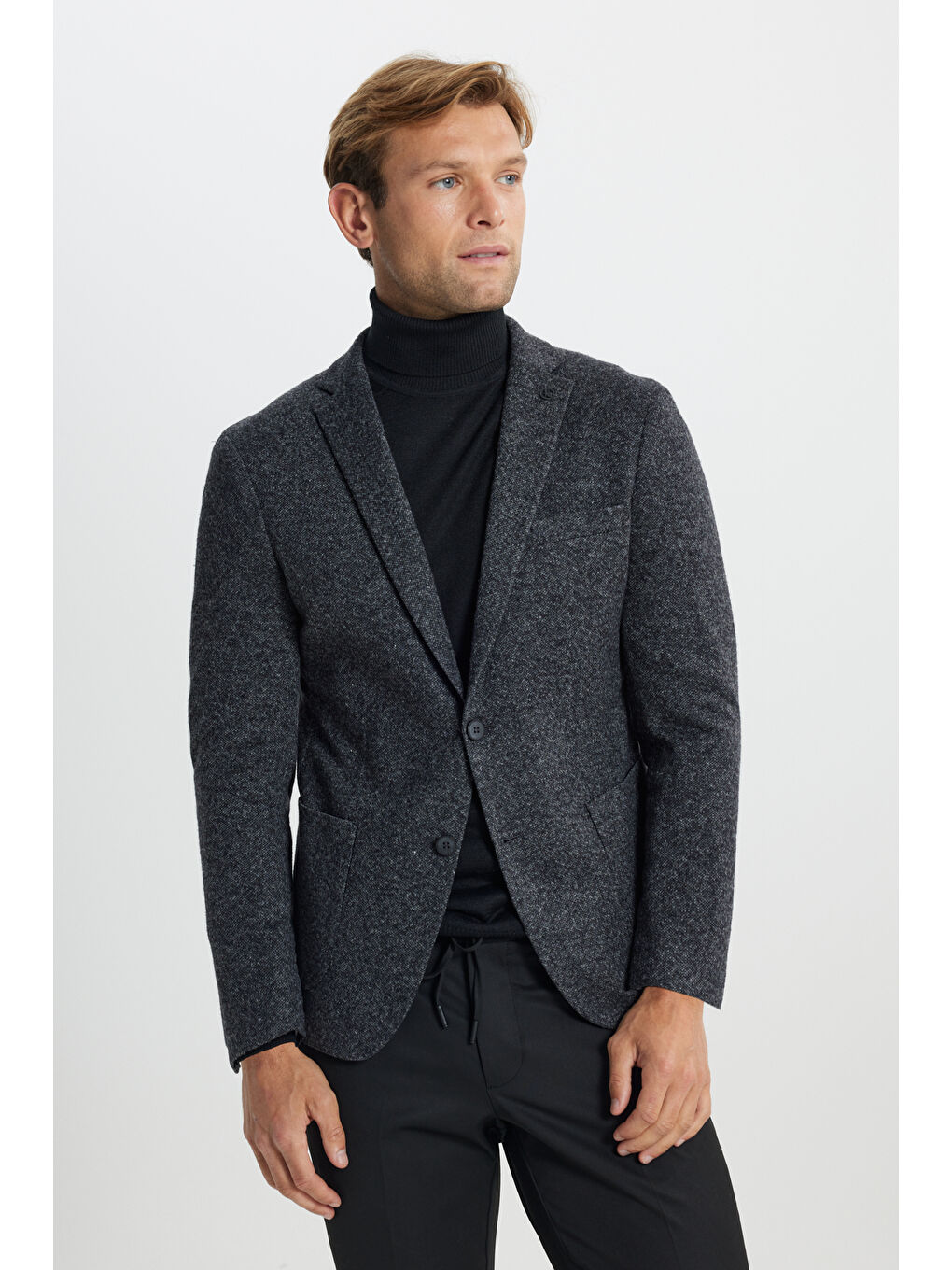 Erkek Siyah Slim Fit Dar Kesim Mono Yaka Yünlü Desenli Torba Cepli Ceket-2