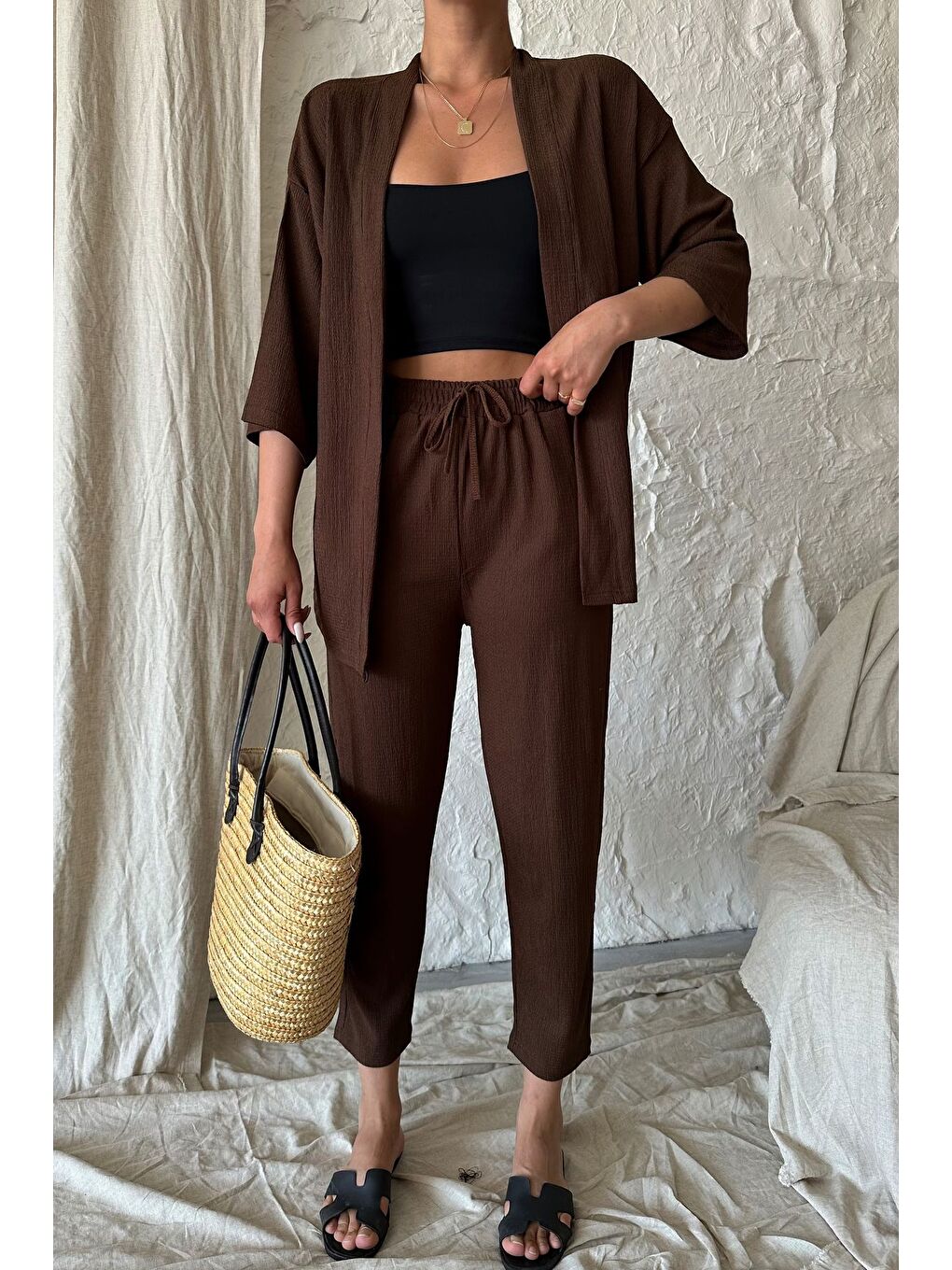 Kahverengi Kadın Kahve Kimono Alt Üst Havuç Pantolon Takım-3