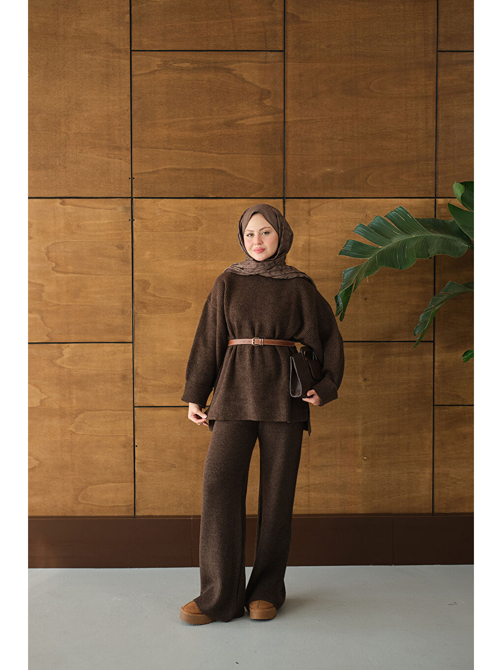 Kadın Beli Lastikli Triko Takım Kahverengi-2