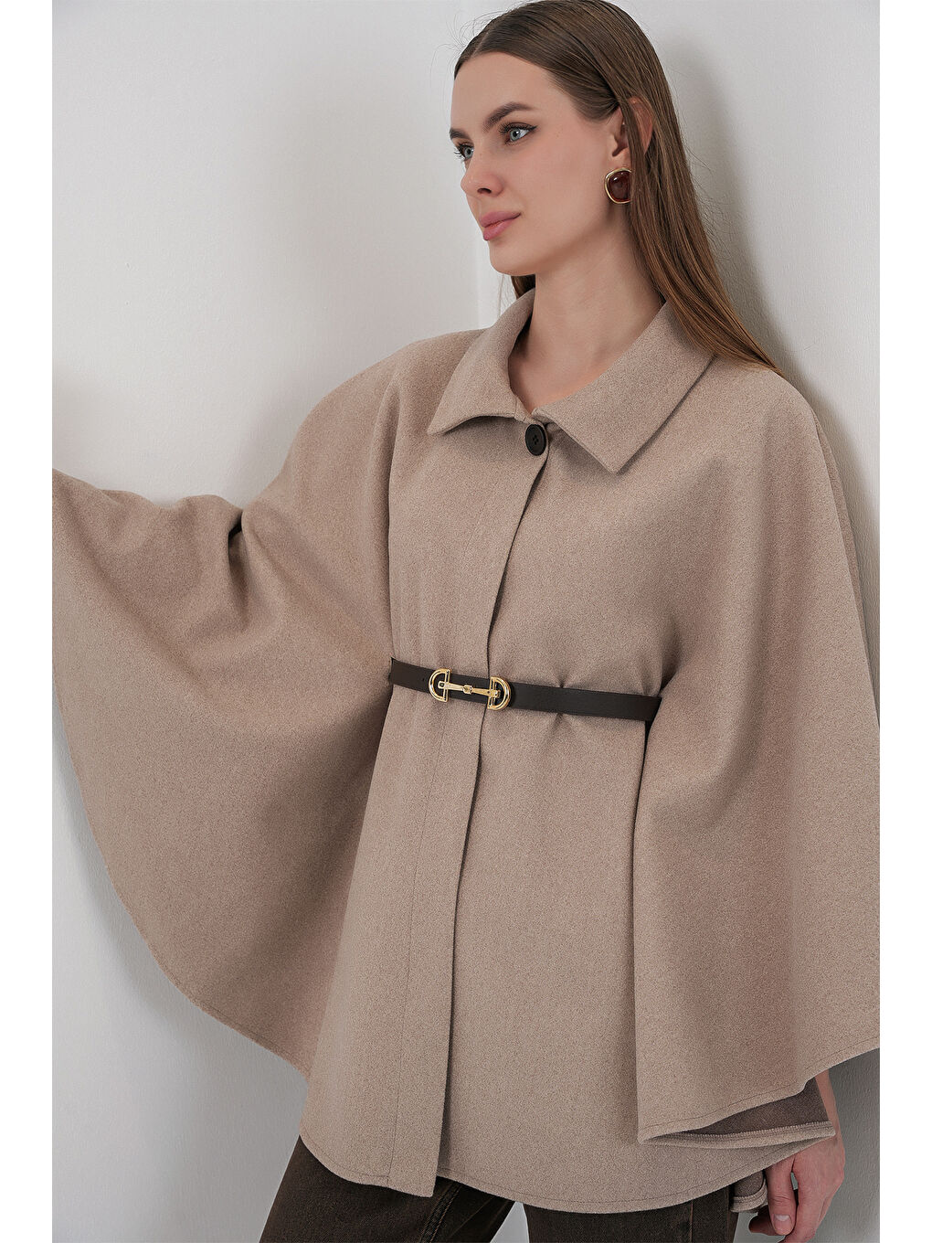 Bej Kadın Kemerli Kaşe Panço 9170 - Vizon-2