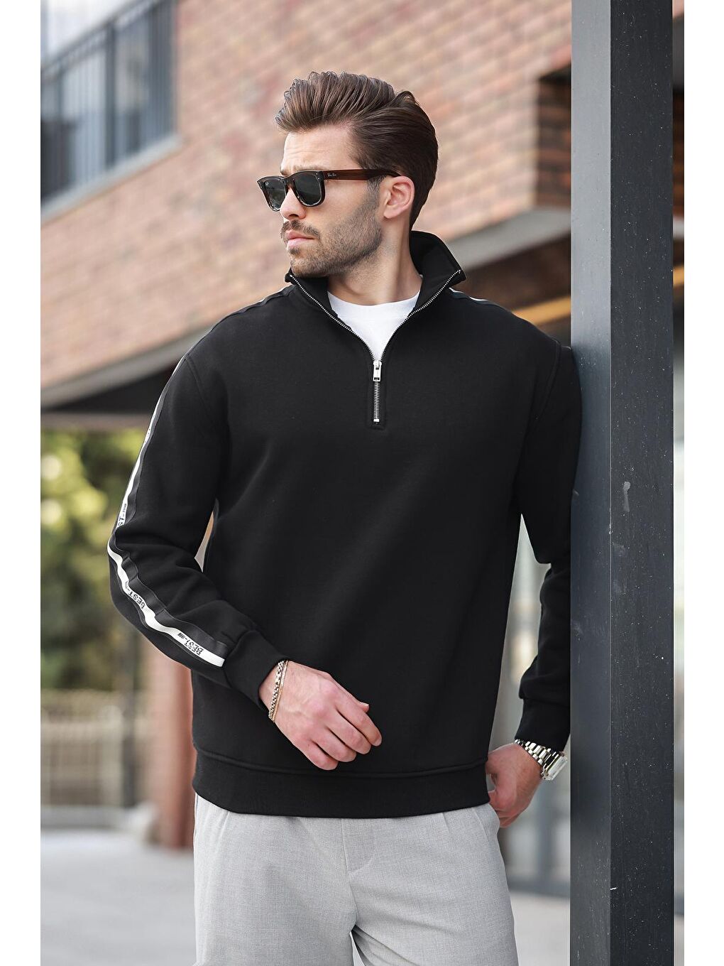 Siyah Fermuarlı Dik Yaka Erkek Sweatshirt E7164-1