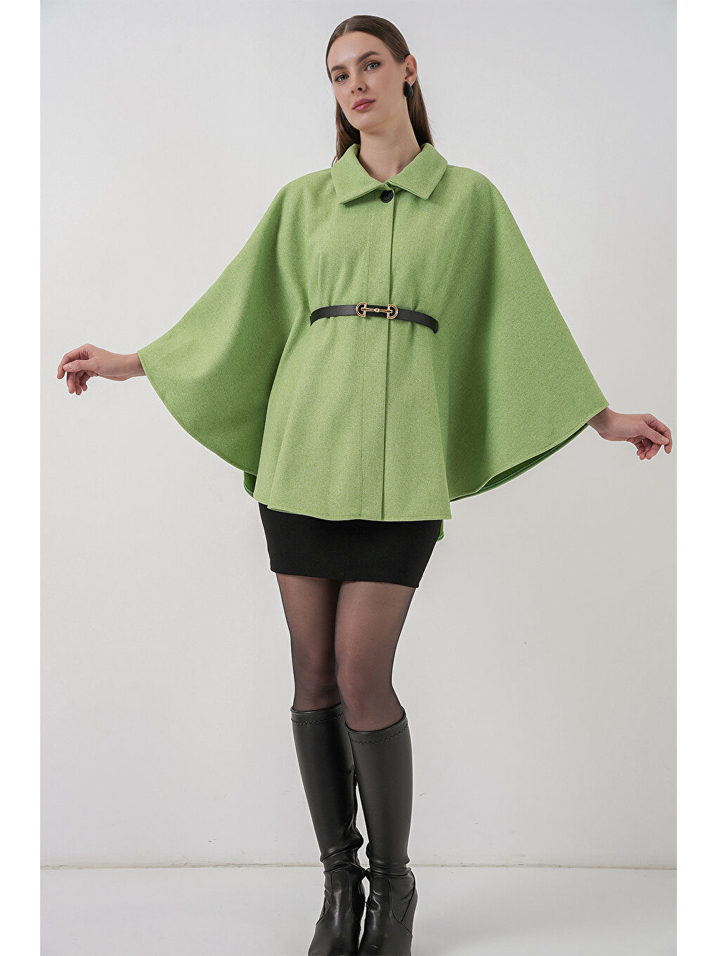 Kadın Kemerli Kaşe Panço 9170 - E.Yeşil-1