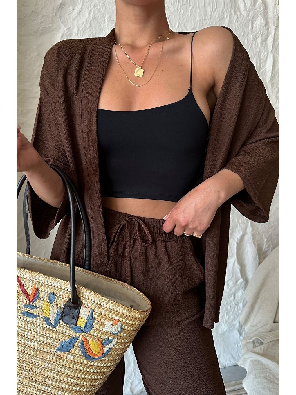 Kahverengi Kadın Kahve Kimono Alt Üst Havuç Pantolon Takım-4