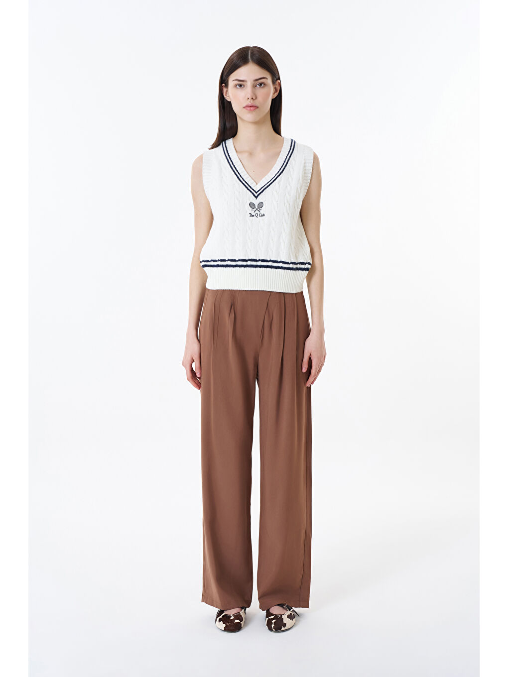 V Yaka Çizgili Triko Süveter Ekru-3