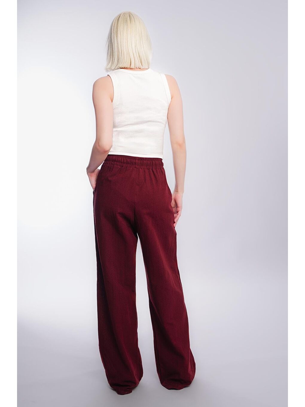 Bordo Beli Büzgülü Bol Paça Kadın Pantolon Mg2011-3