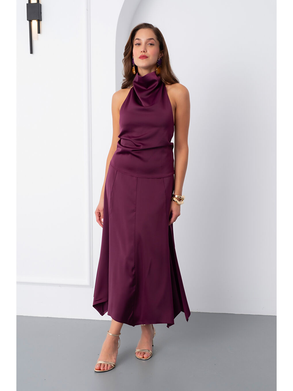 Kadın Mürdüm Degaje Yaka Saten Etek Bluz Takım-1