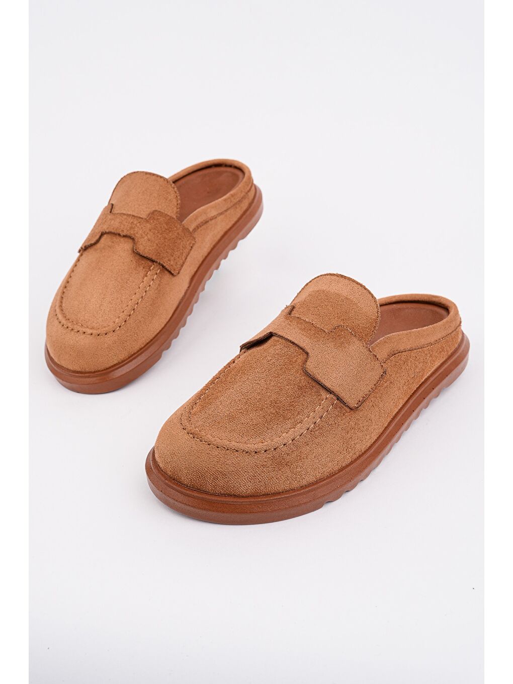 Kahverengi VİNTAGE Süet Deri Günlük Rahat Önü Kapalı Kadın Loafer Terlik-4