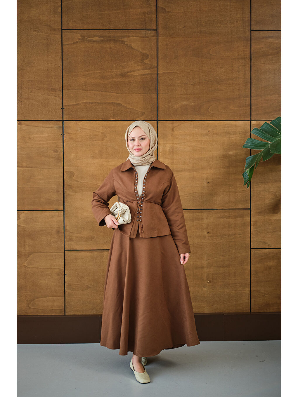 Kadın Bluz Kancalı Nubuk Takım Kahverengi-2